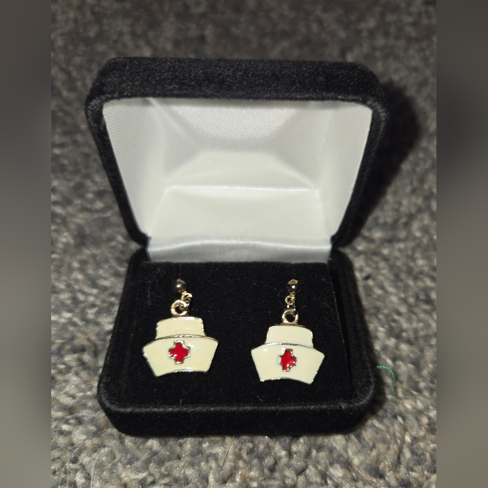 Gold Tone White Enamel Nurse Hat With Red Cross Post Earrings